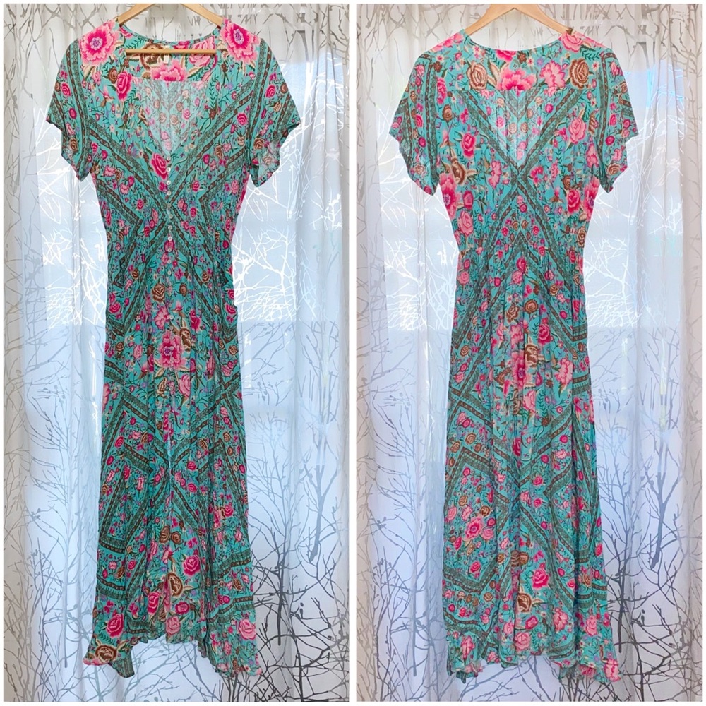 SPELL AND THE GYPSEY PINK TURQUOISE FLORAL PRINT BUTTON UP BABUSHKA GOWN DRESS - Picture 7 of 13